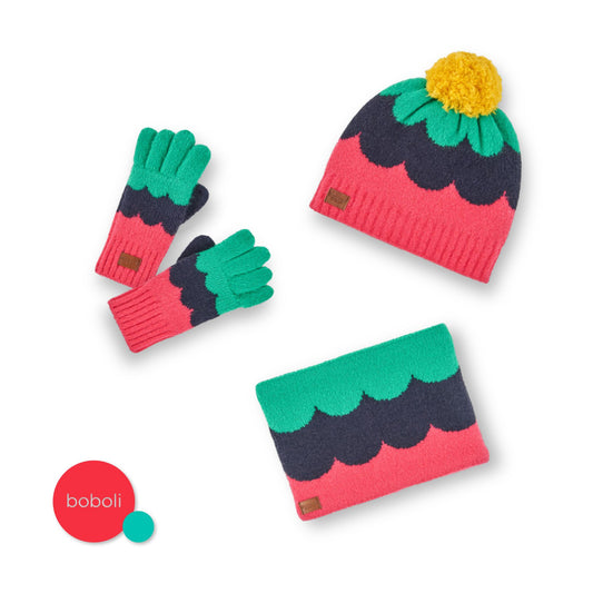 Set rosa/azul bufanda, cuello y guantes mini niña y niña jr