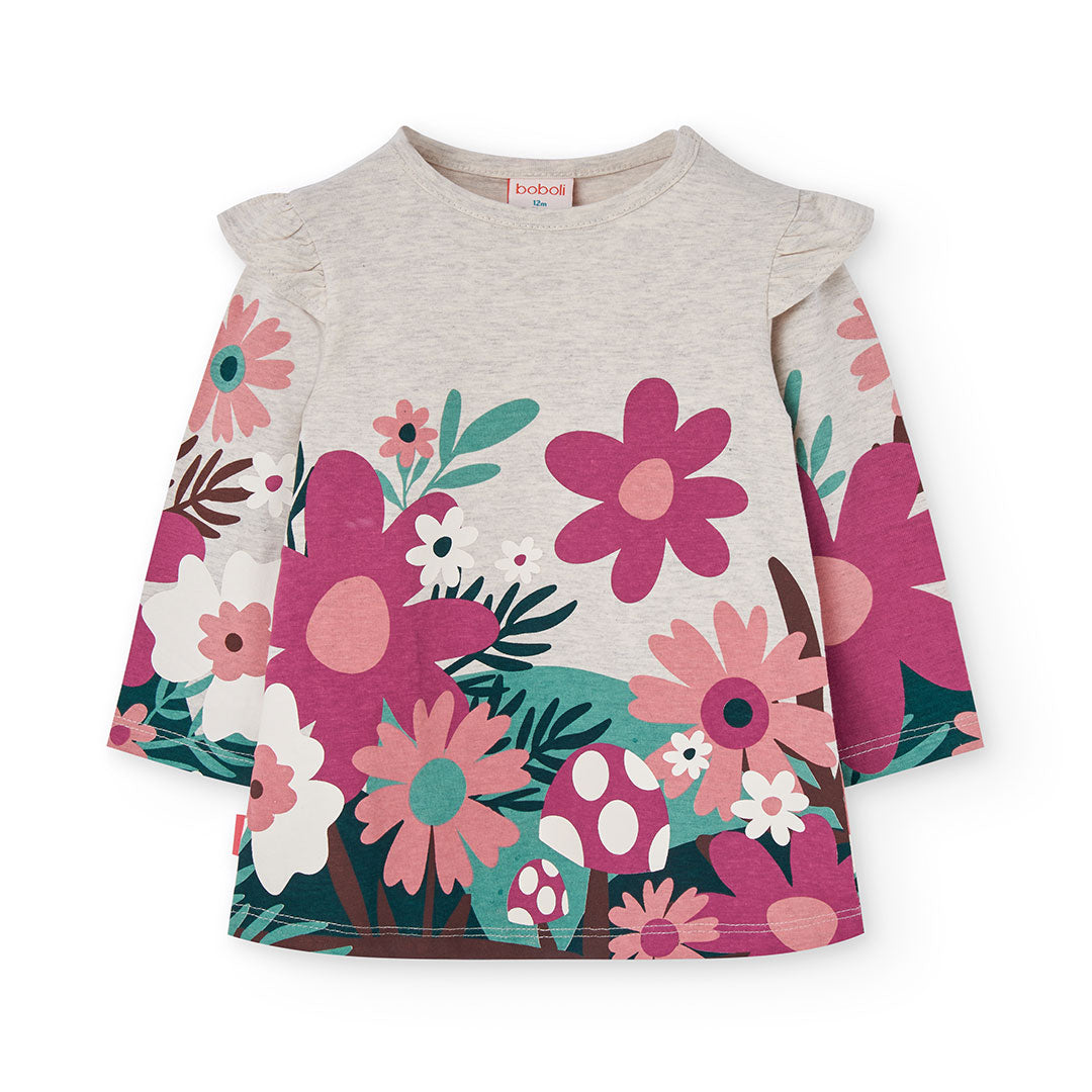 Vestido punto beige flores con mallas mini niña