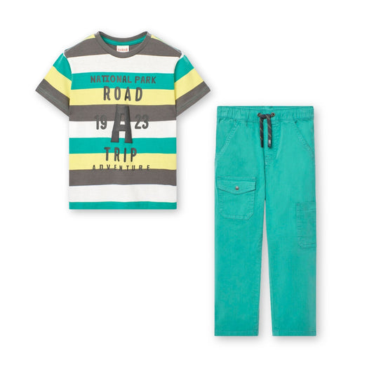 Conjunto de playera rayas con pantalón verde para mini niño y niño jr