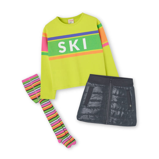 Conjunto blusa neon con falda y mallas para niña jr