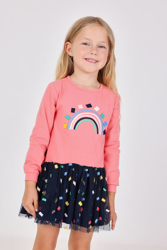 Vestido rosa felpa con tul y mallas mini niña