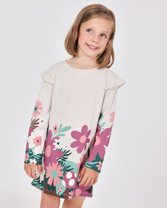 Vestido punto beige flores con mallas mini niña