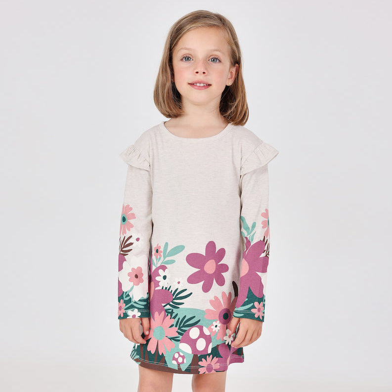 Vestido punto beige flores con mallas mini niña