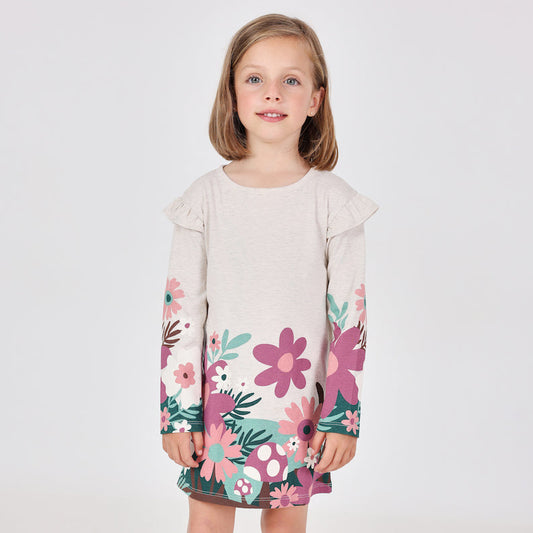 Vestido punto beige flores con mallas mini niña