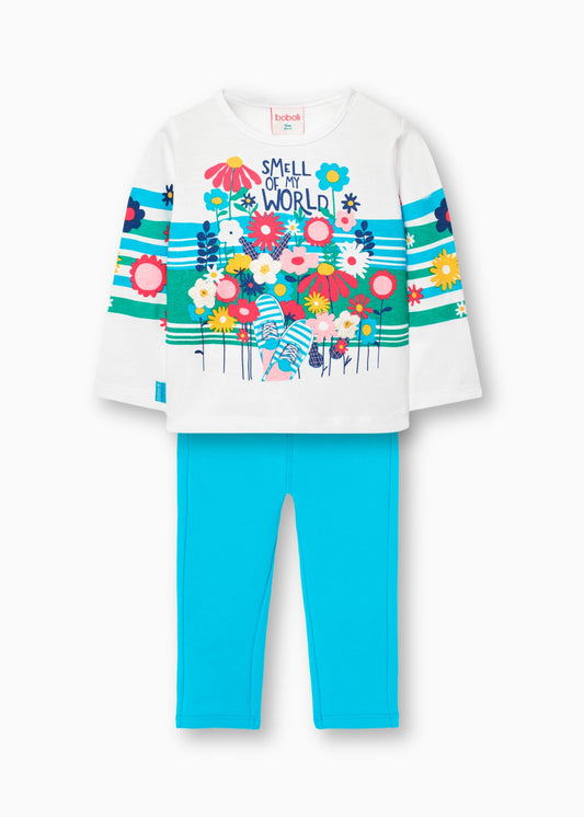 Conjunto blusa flores con pantalón de felpa azul mini niña