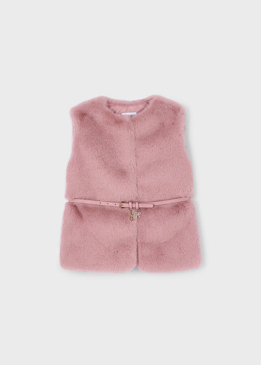 Chaleco pelo rosa con cinturón mini niña