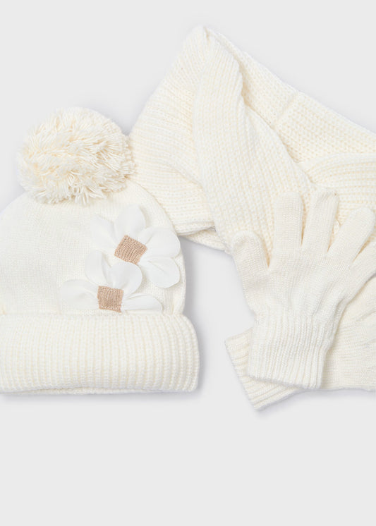 Conjunto blanco 3 piezas bufanda mini niña