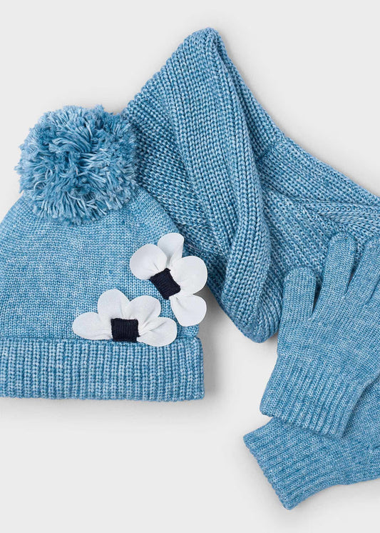 Conjunto azul 3 piezas bufanda mini niña
