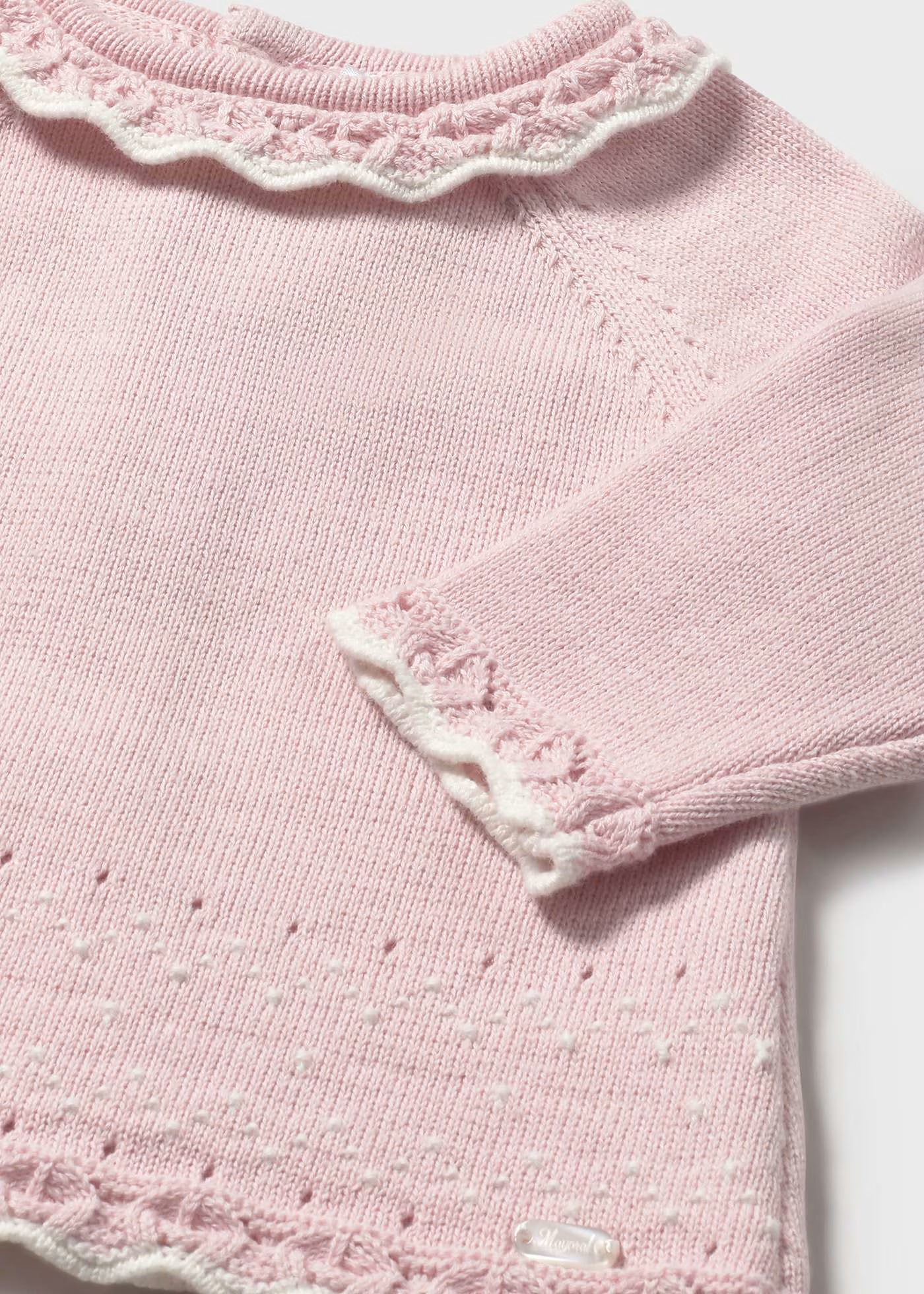Conjunto 3 piezas tricot rosa recién nacida