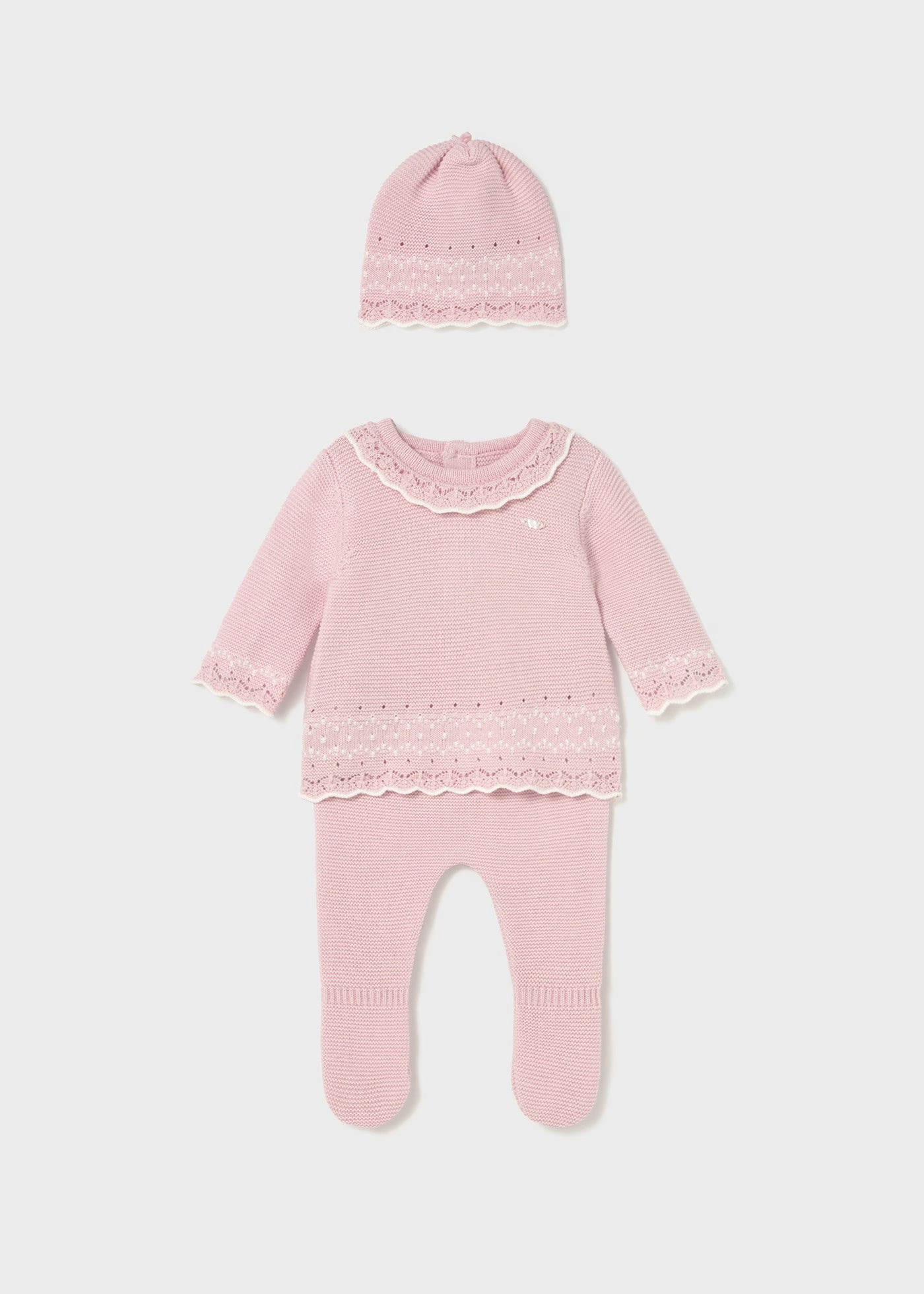 Conjunto 3 piezas tricot rosa recién nacida