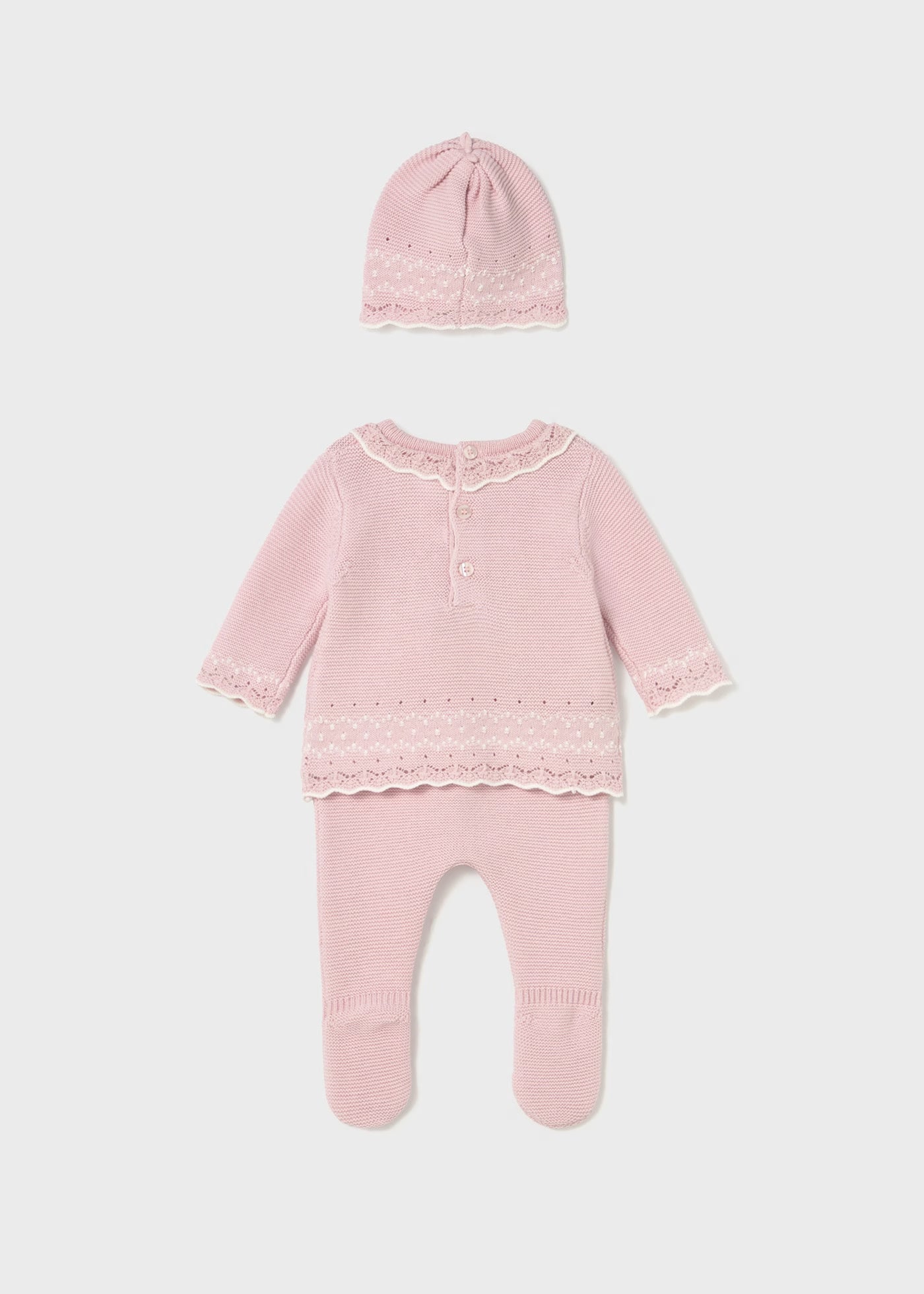 Conjunto 3 piezas tricot rosa recién nacida