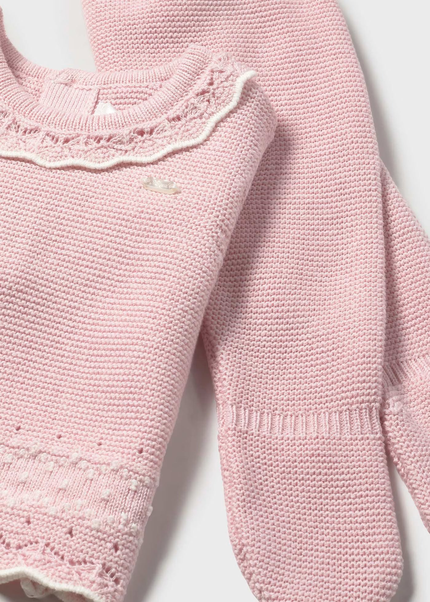 Conjunto 3 piezas tricot rosa recién nacida
