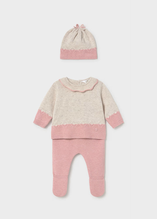 Conjunto 3 piezas rosa tricot recién nacida