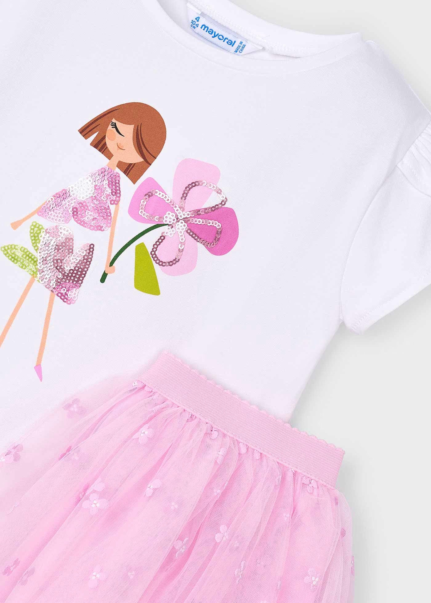 Conjunto blusa con falda tul rosa mini niña