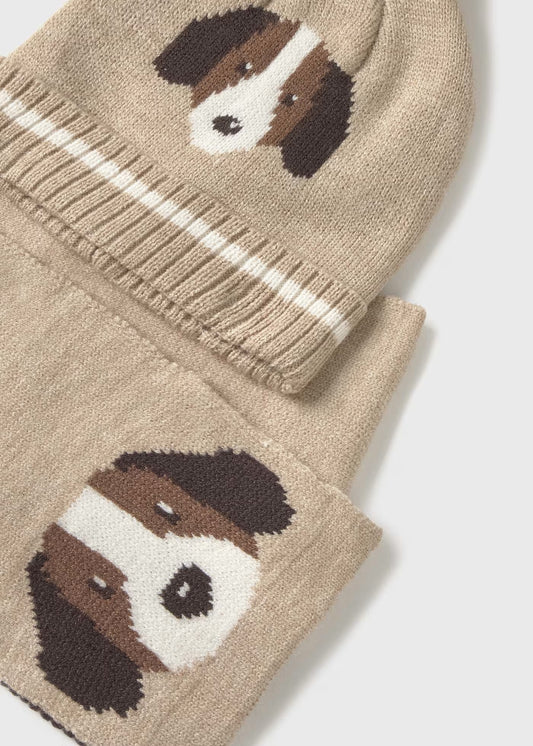 Conjunto gorro y bufanda perrito beige bebé niño