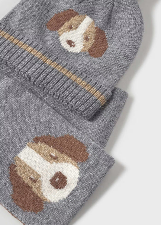 Conjunto gorro y bufanda perrito gris bebé niño