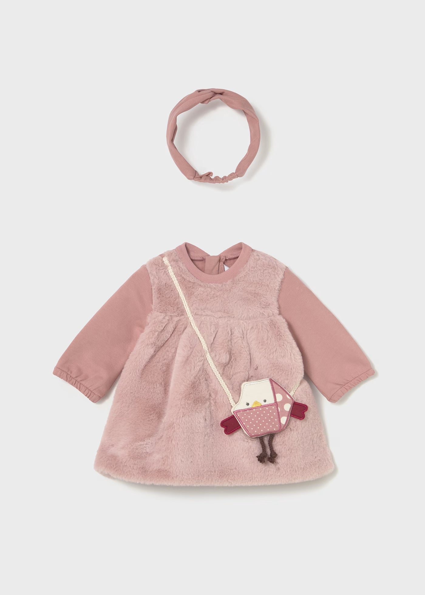 Vestido rosa con bolsita y diadema recién nacida