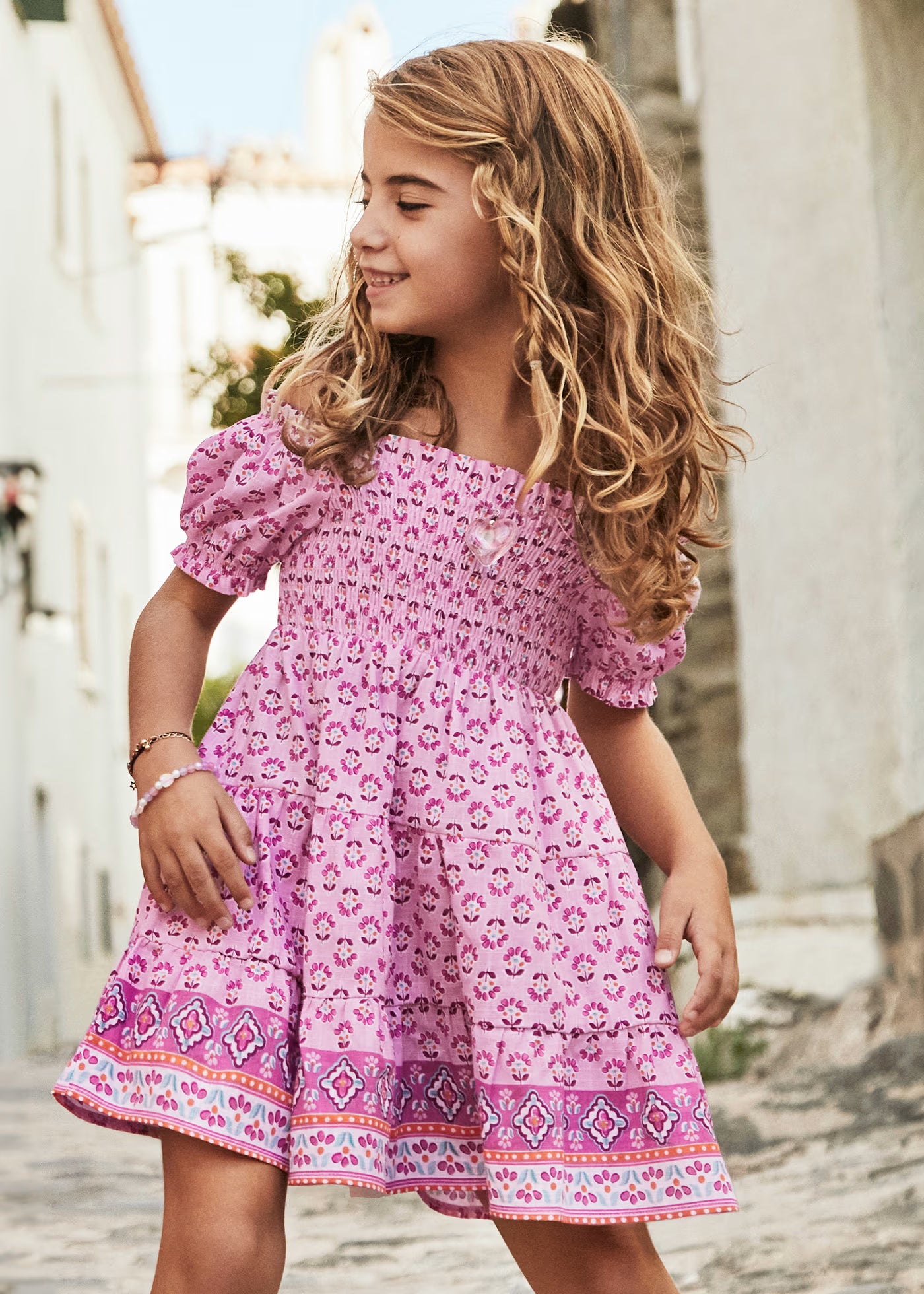 Vestido nido de abeja rosa mini niña