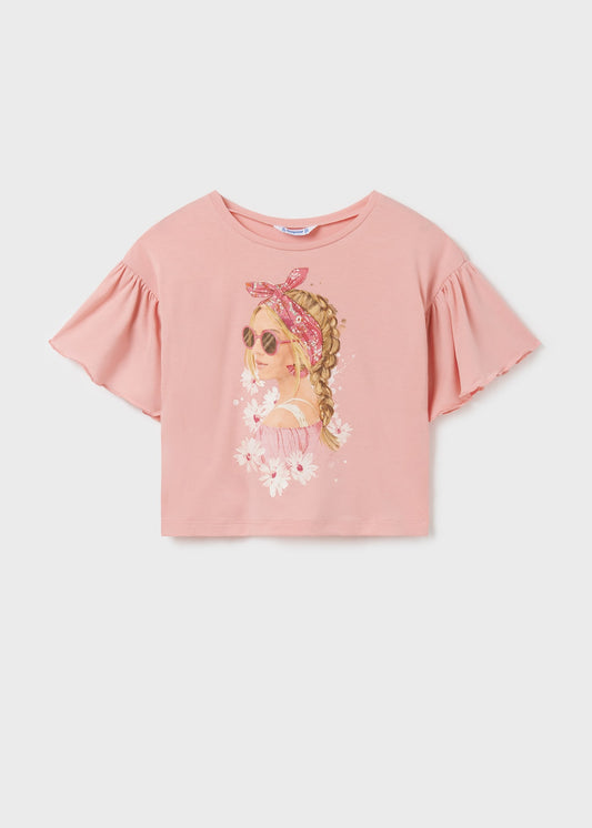 Blusa rosa manga corta con motivo estampado para niña jr