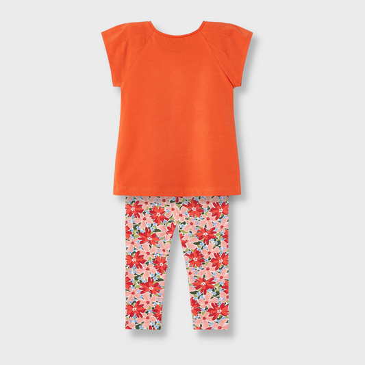 Conjunto naranja blusa con leggings estampado de algodón para mini niña