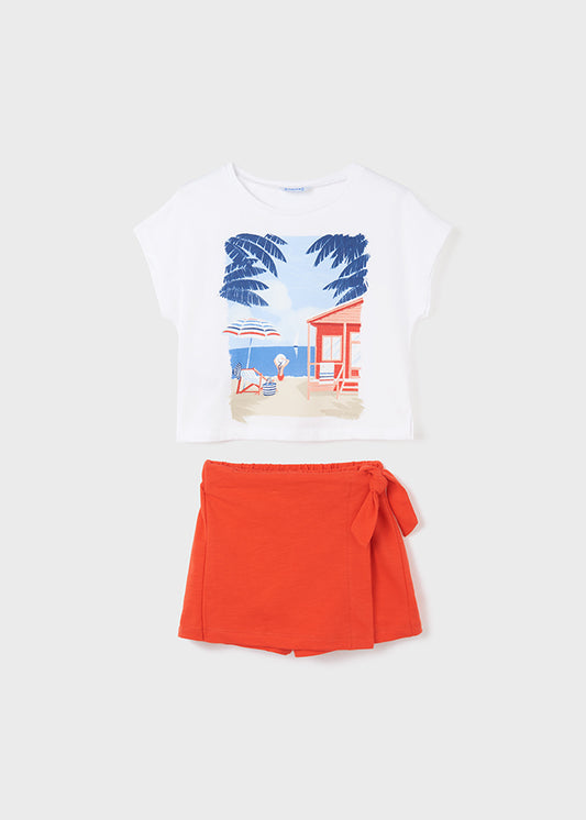 Conjunto blusa manga corta con falda/short rojo niña jr