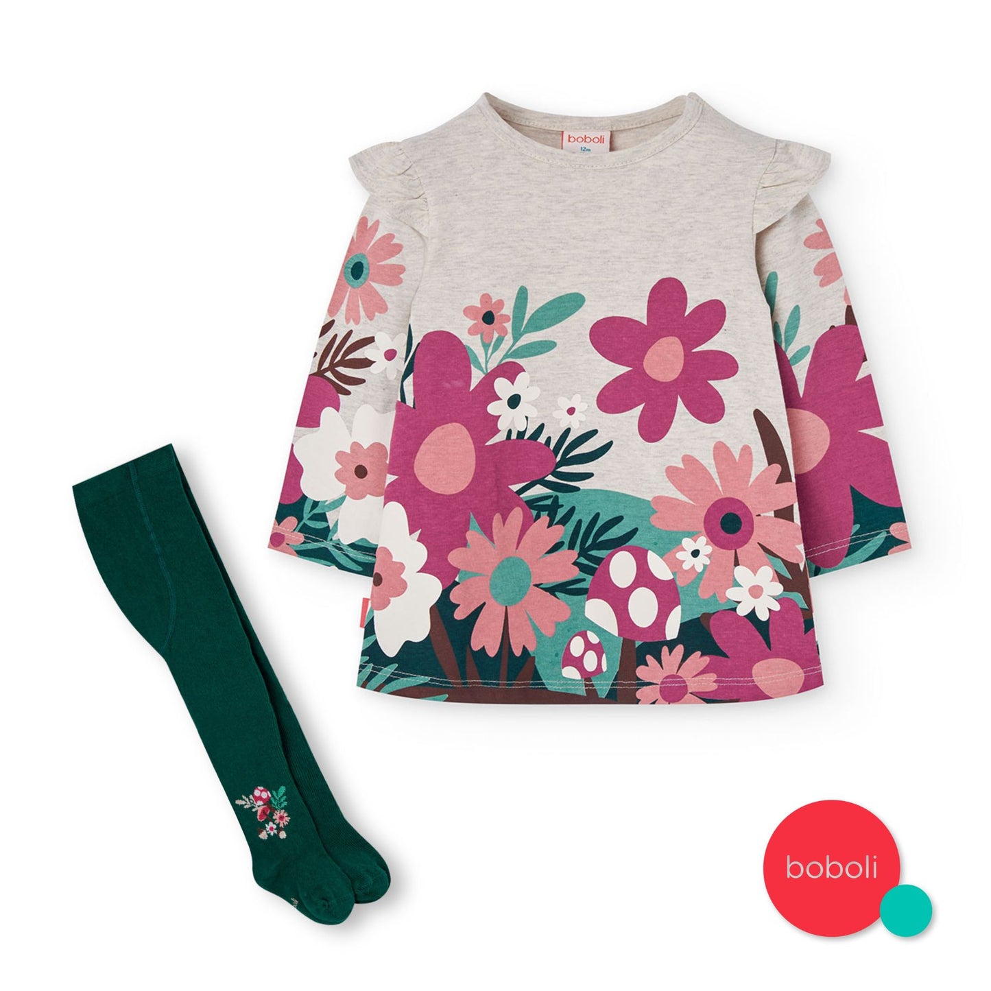 Vestido punto beige flores con mallas mini niña