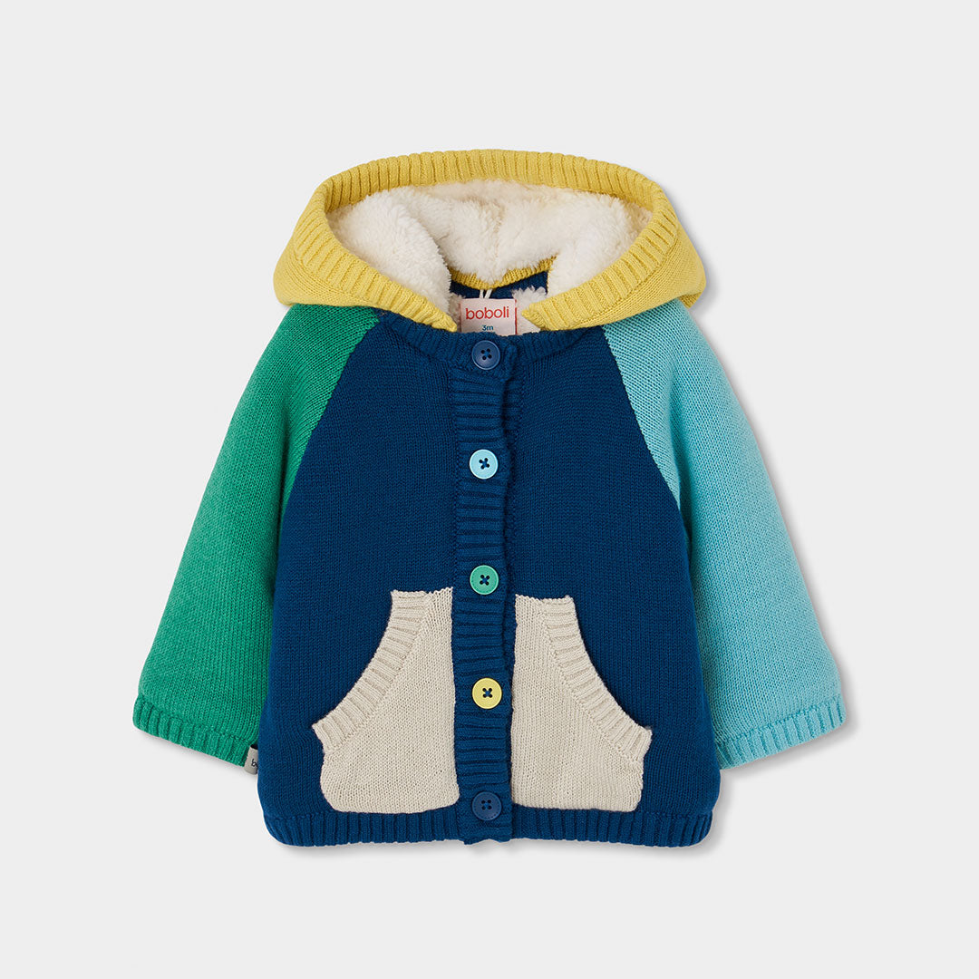 Chamarra tricot azul con capucha bebé niño