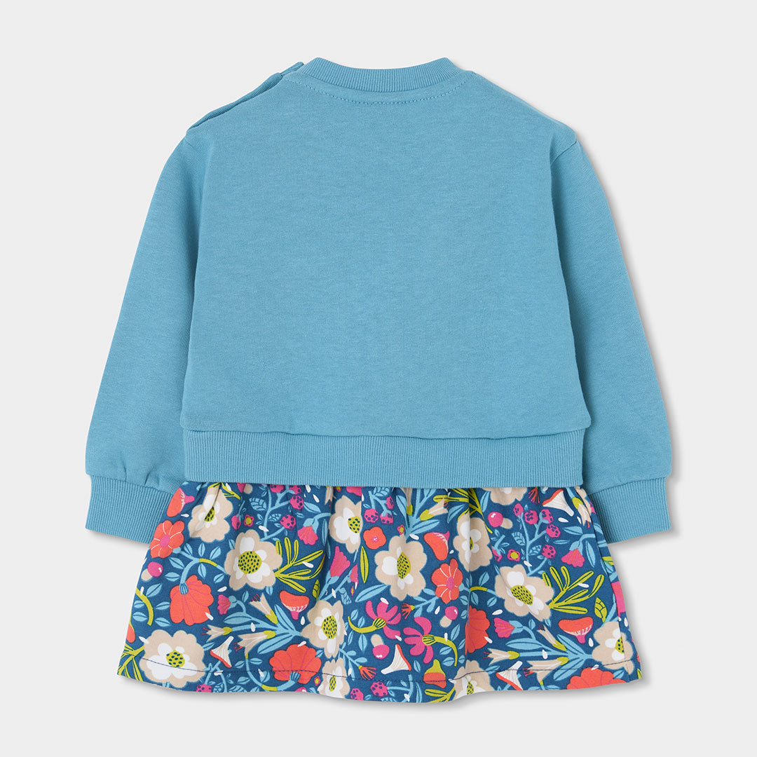 Vestido felpa azul combinado con mallas mini niña