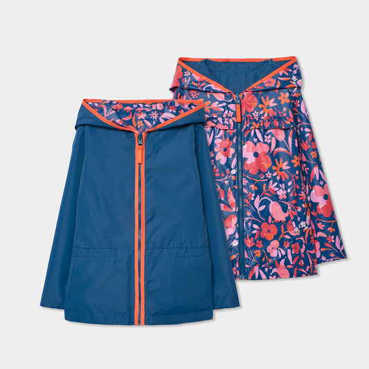 Impermeable reversible azul marino flores mini niña