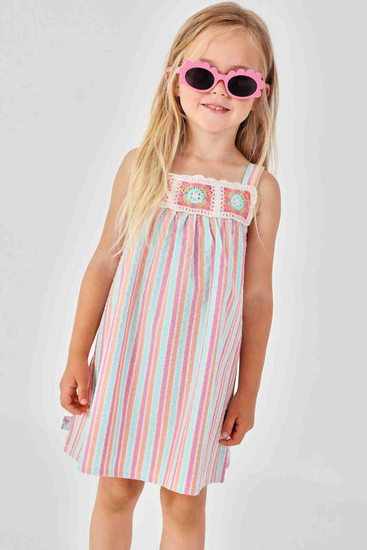 Vestido popelín rayas rosa con aqua mini niña