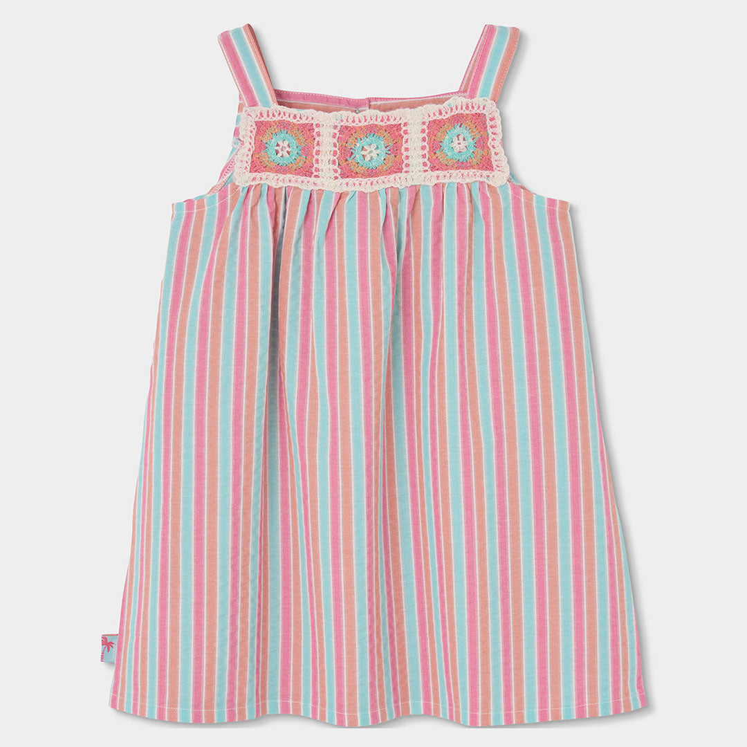 Vestido popelín rayas rosa con aqua mini niña