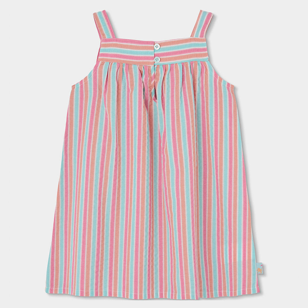 Vestido popelín rayas rosa con aqua mini niña