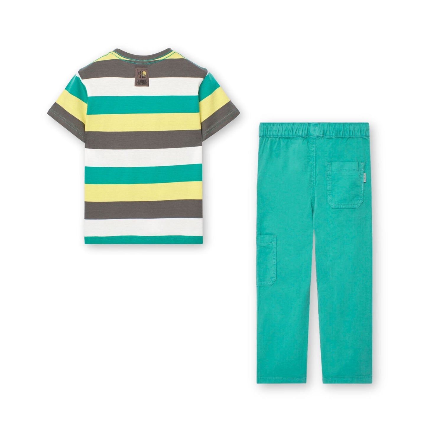 Conjunto de playera rayas con pantalón verde para mini niño y niño jr