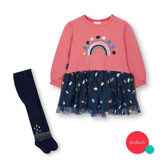 Vestido rosa felpa con tul y mallas mini niña