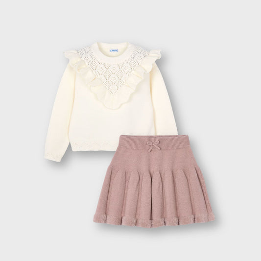 Cojunto suéter calados con falda tricot mini niña