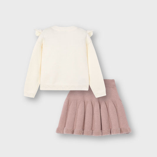 Cojunto suéter calados con falda tricot mini niña