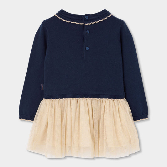 Vestido tricot combinado tul con mallas azul marino mini niña