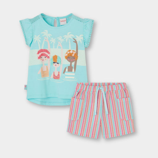 Conjunto blusa aqua con short rayas mini niña