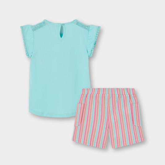 Conjunto blusa aqua con short rayas mini niña