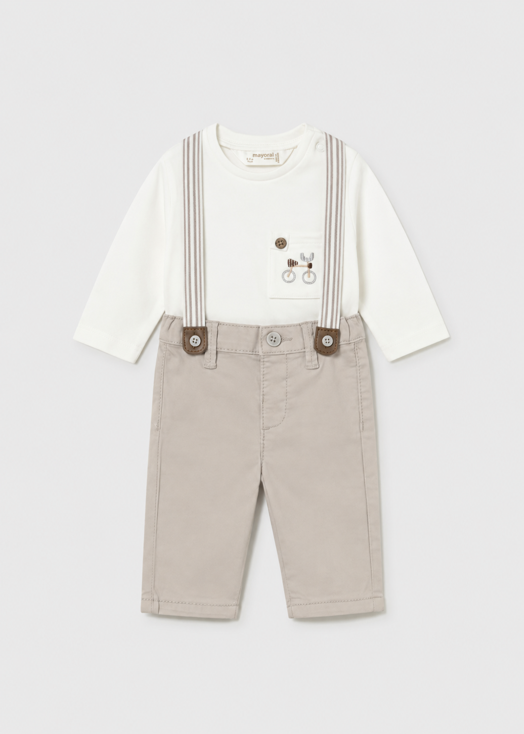 Conjunto playera con pantalón largo beige y tirantes recién nacido