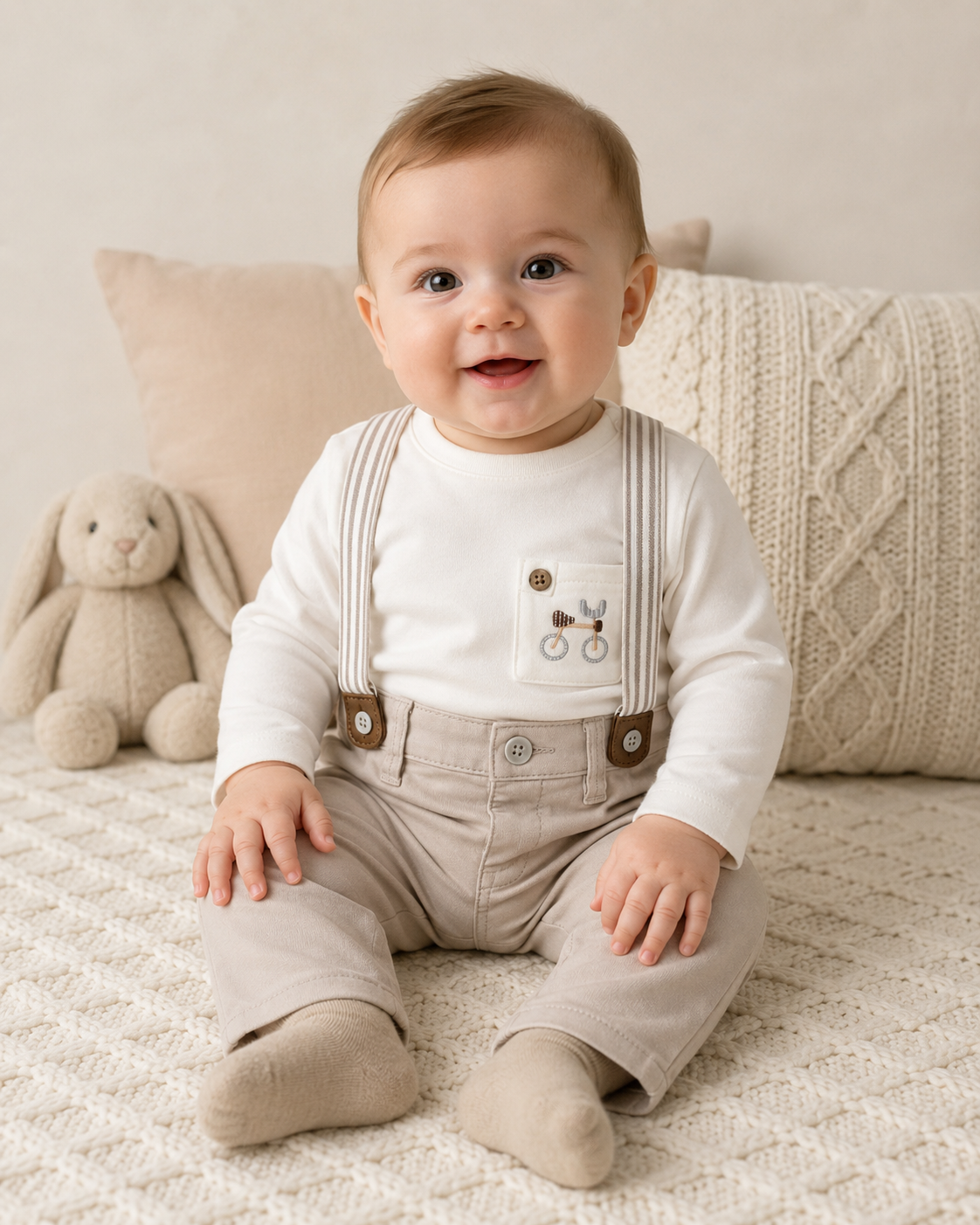Conjunto playera con pantalón largo beige y tirantes recién nacido
