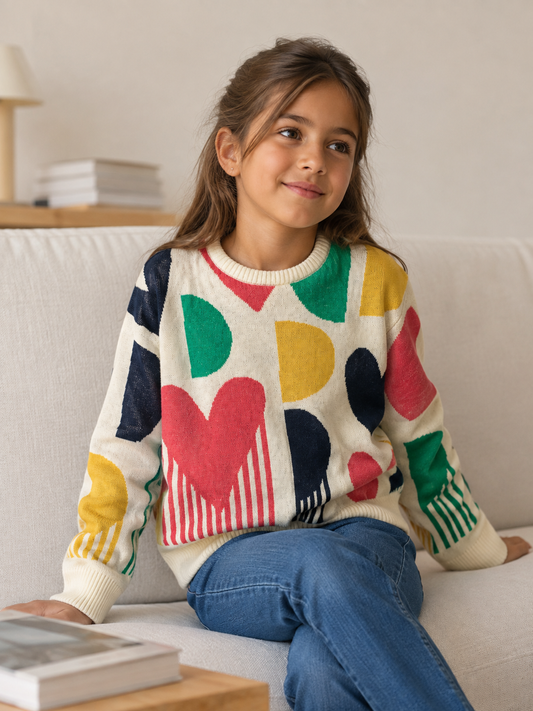 Suéter blanco corazones multicolor niña jr
