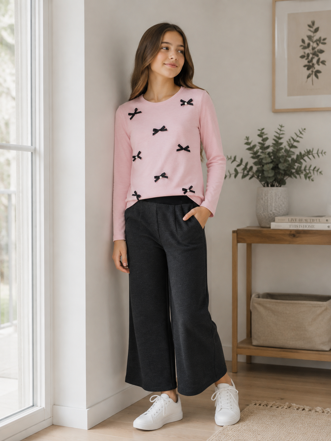 Pantalón punto fantasía negro niña jr