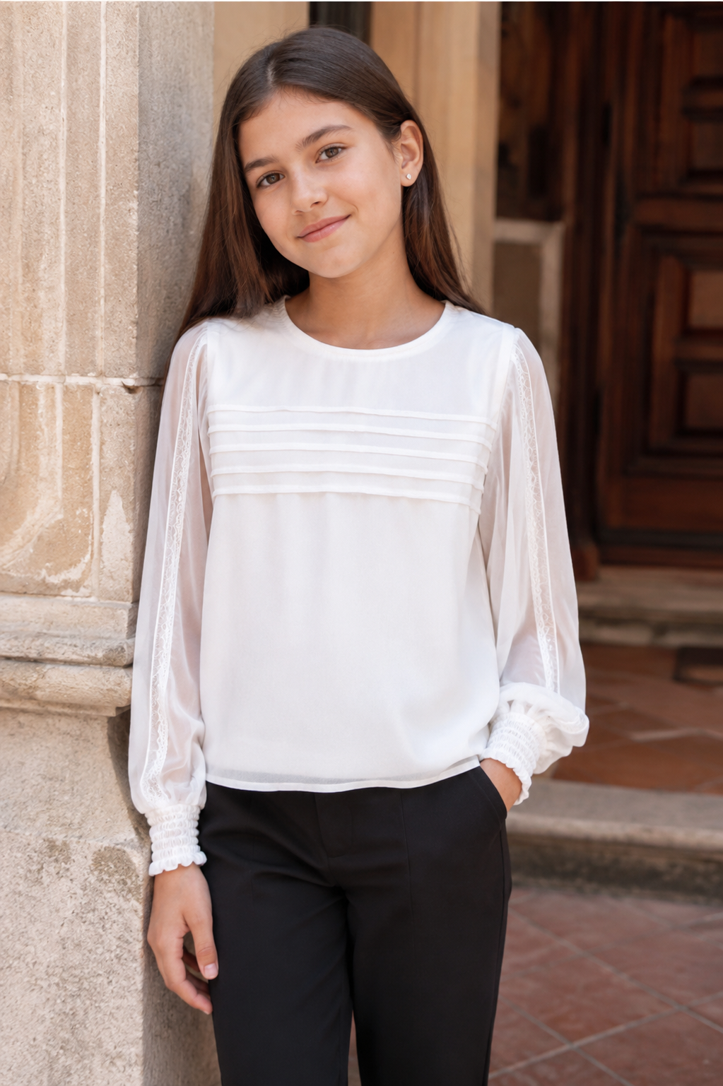 Blusa blanca gasa con encaje niña jr