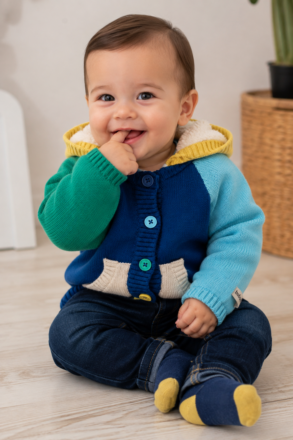 Chamarra tricot azul con capucha bebé niño