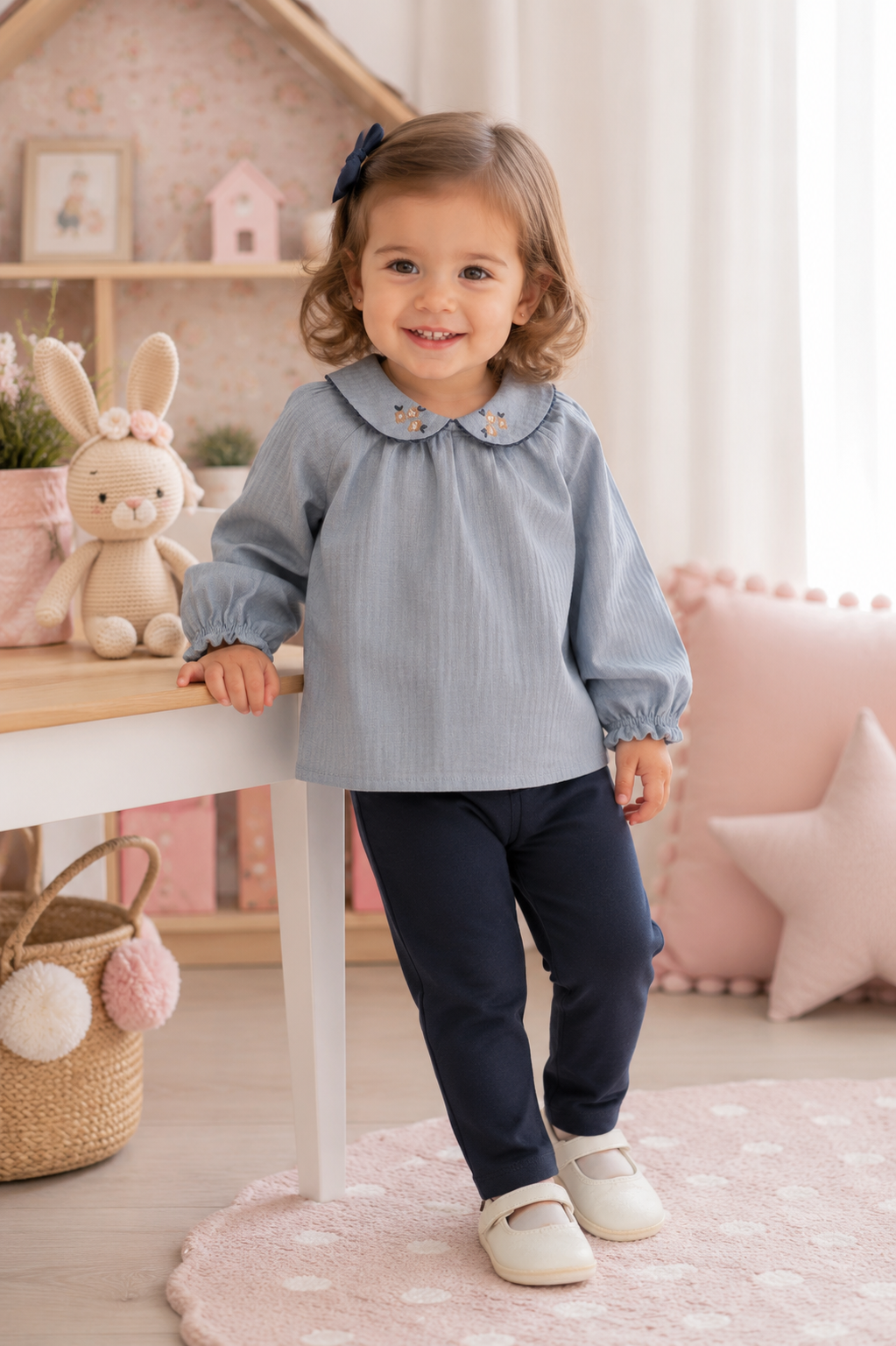 Conjunto blusa textura azul con pantalón de felpa bebé niña