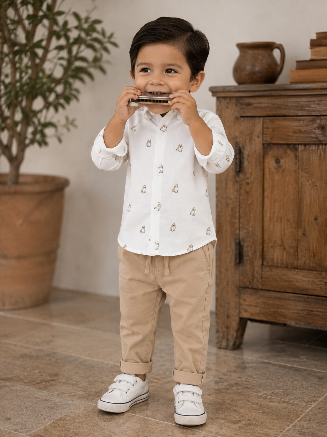 Conjunto camisa perrito con pantalón beige bebé niño