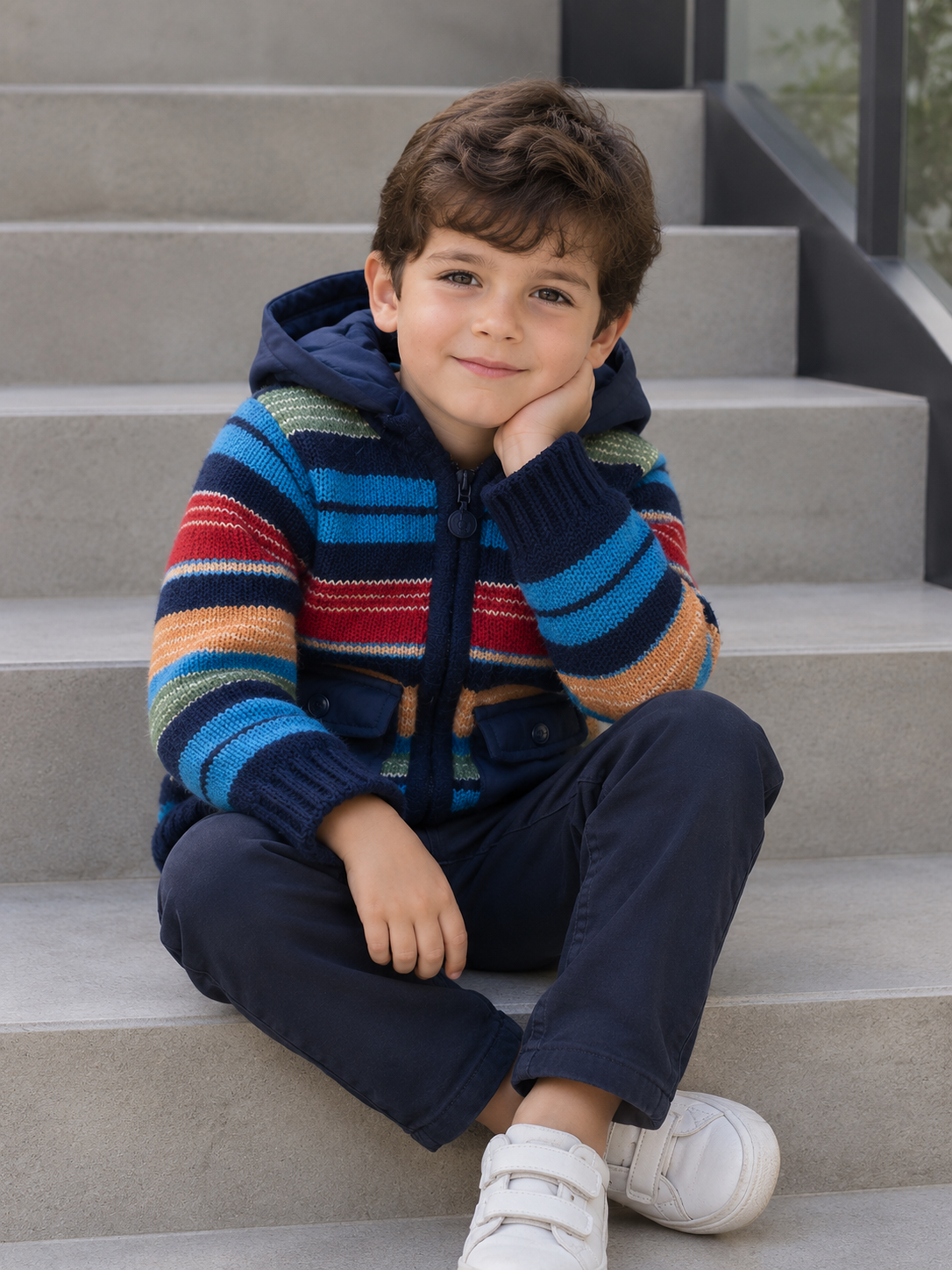 Chamarra tricot azul marino con capucha mini niño