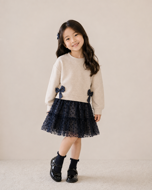 Conjunto sudadera con falda tul azul marino mini niña