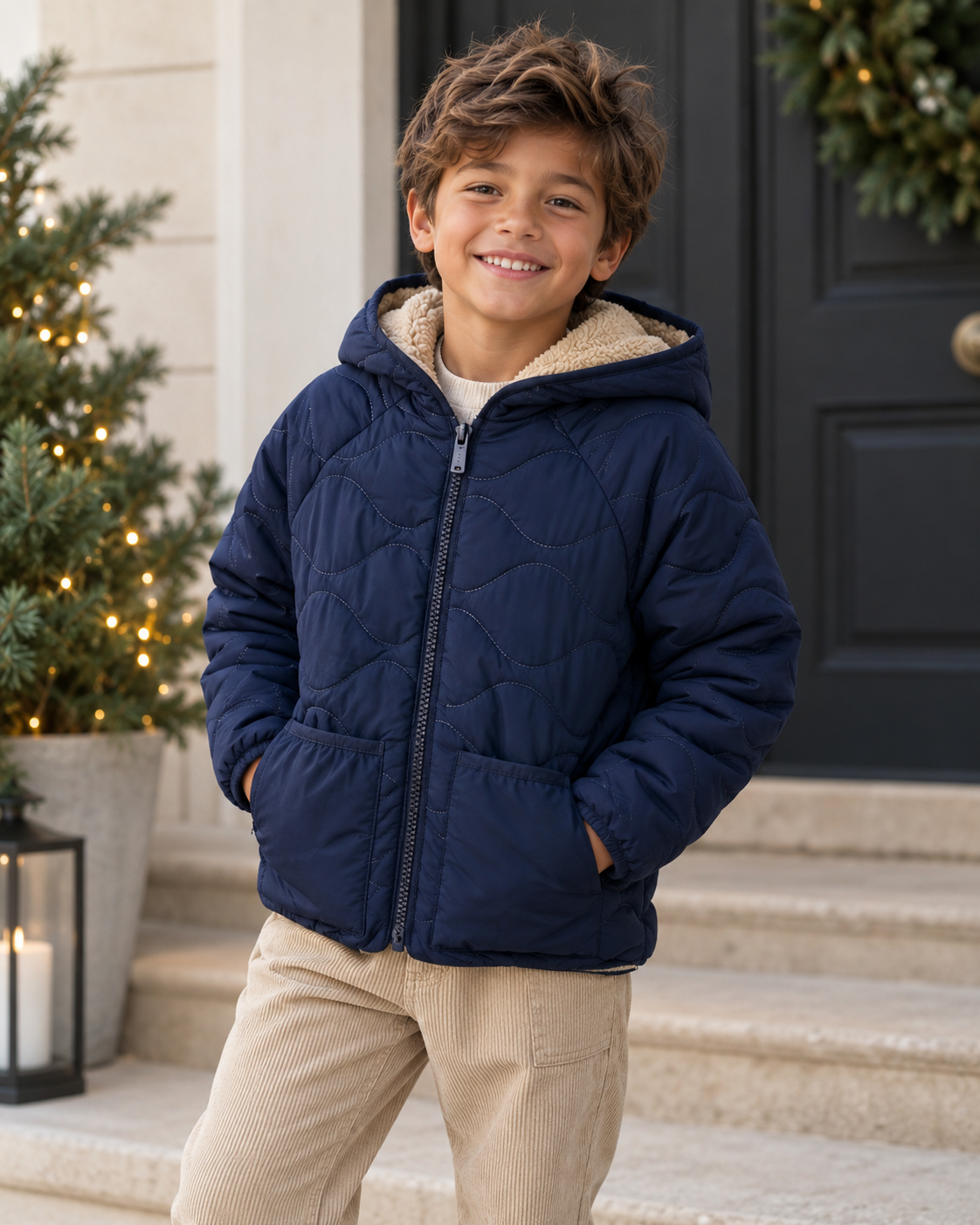 Chamarra azul marino reversible borrego mini niño